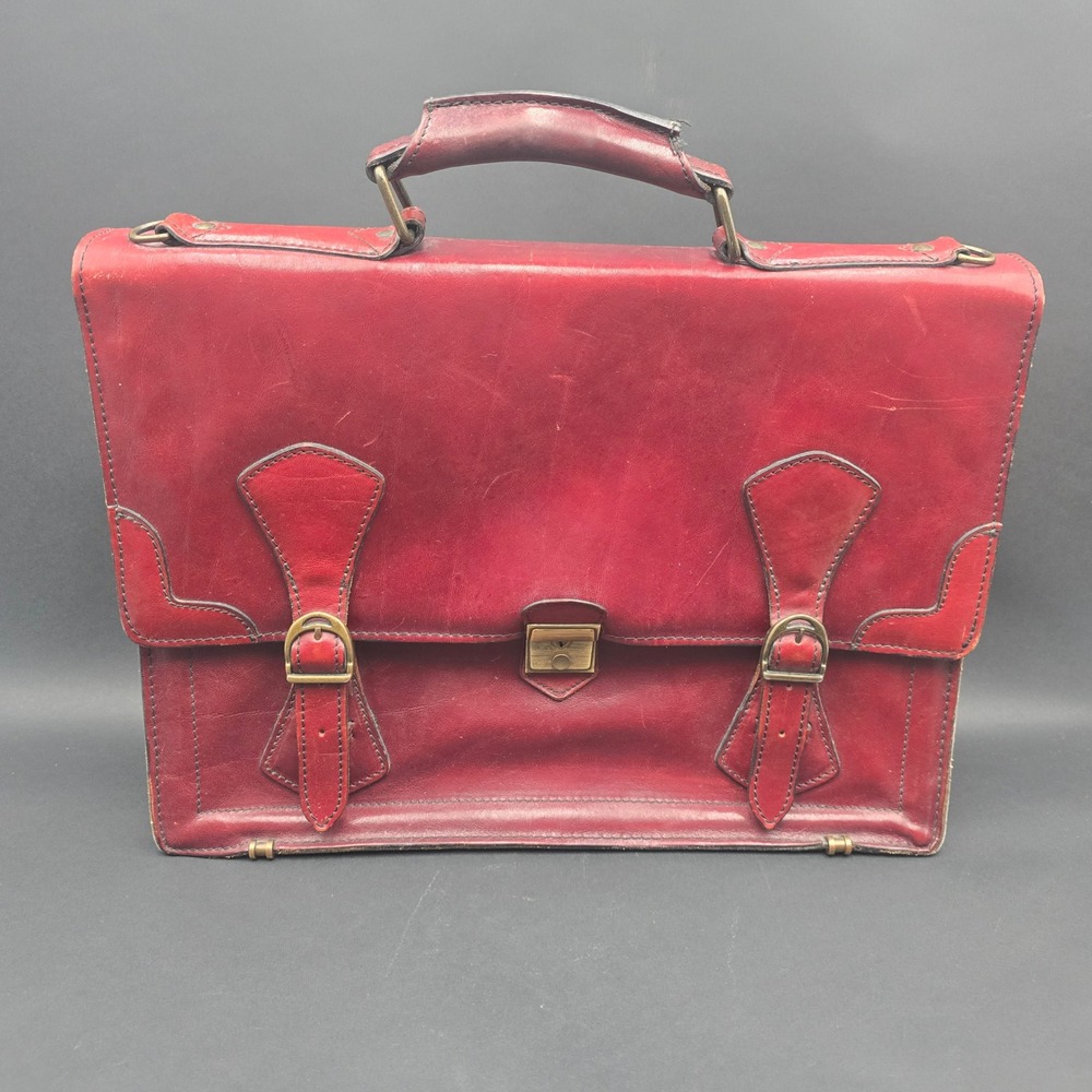 Vintage Renwick Burgundy Leather Briefcase Accordion Messenger Bag Brass